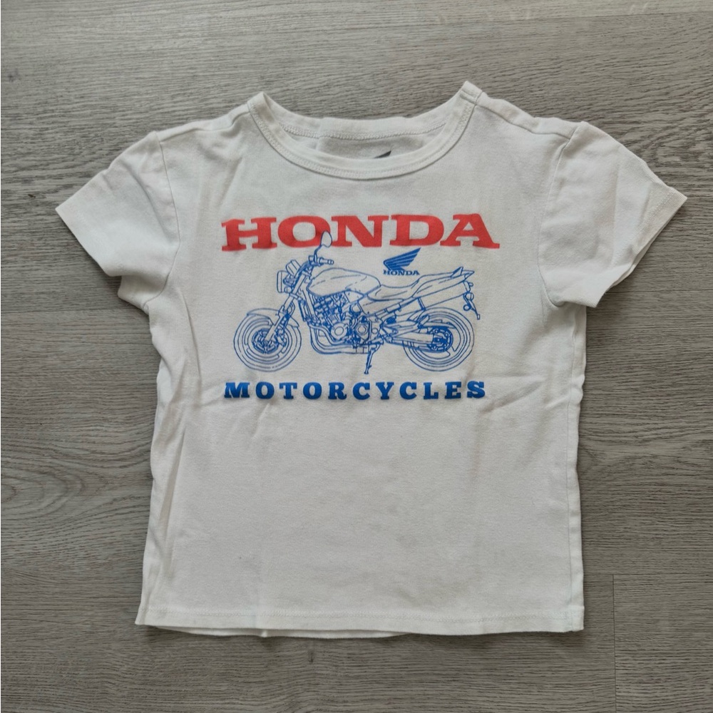 Kids White Tee with Red and Blue Motorcycle Design size XS
